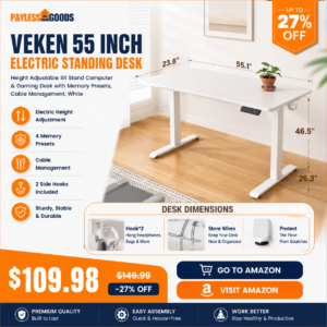 Veken 55 Inch Electric Standing Desk, Height Adjustable Sit Stand Computer & Gaming Desk with Memory Presets, Cable Management, White
