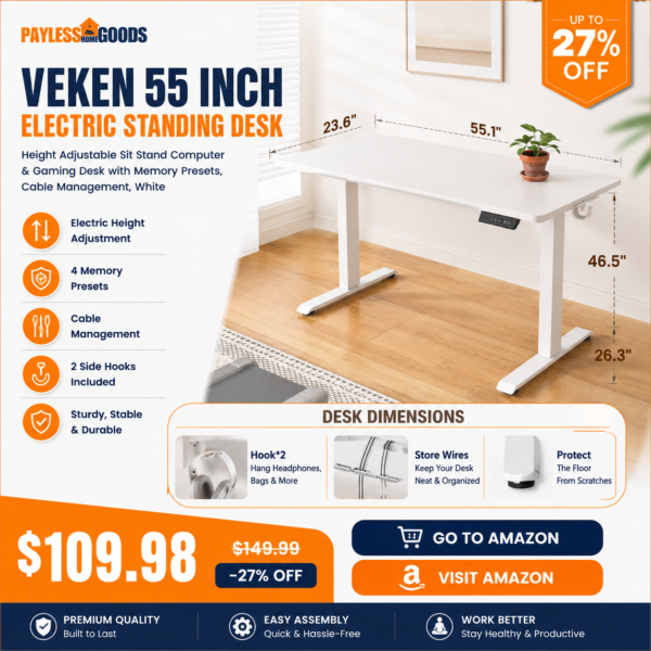 Veken 55 Inch Electric Standing Desk, Height Adjustable Sit Stand Computer & Gaming Desk with Memory Presets, Cable Management, White