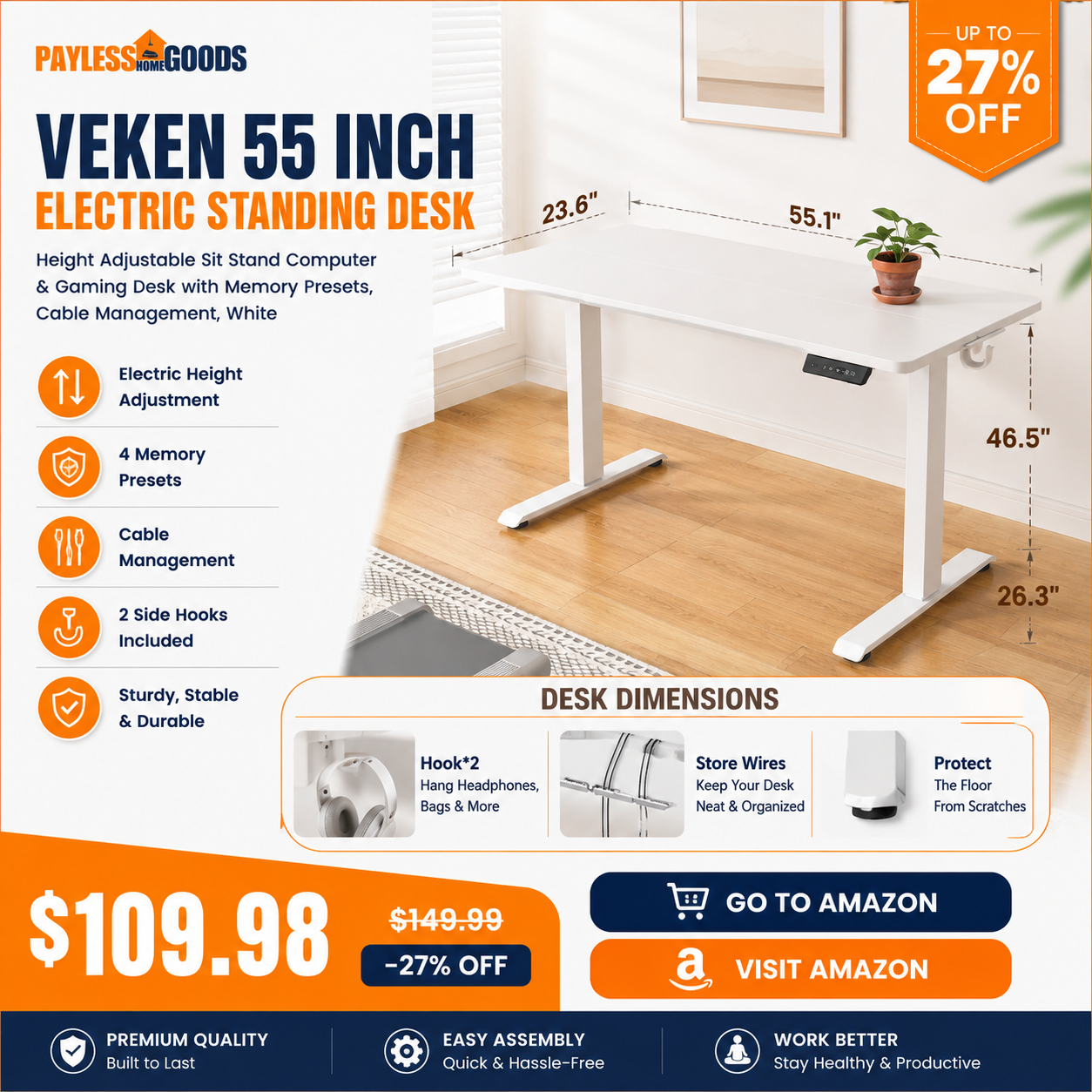 Veken 55 Inch Electric Standing Desk, Height Adjustable Sit Stand Computer & Gaming Desk with Memory Presets, Cable Management, White