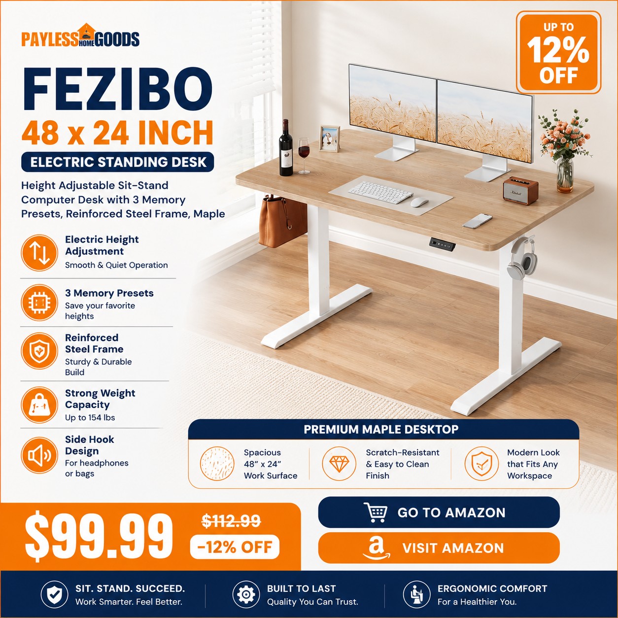 FEZIBO Standing Desk 48 × 24 Inch Electric Height Adjustable
