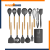 Heat Resistant Silicone Kitchen Utensils Set – oannao BPA Free Silicone Cooking Utensils Set for Nonstick Cookware with Spatulas, Tongs, Whisk & Wooden Handles, Gray