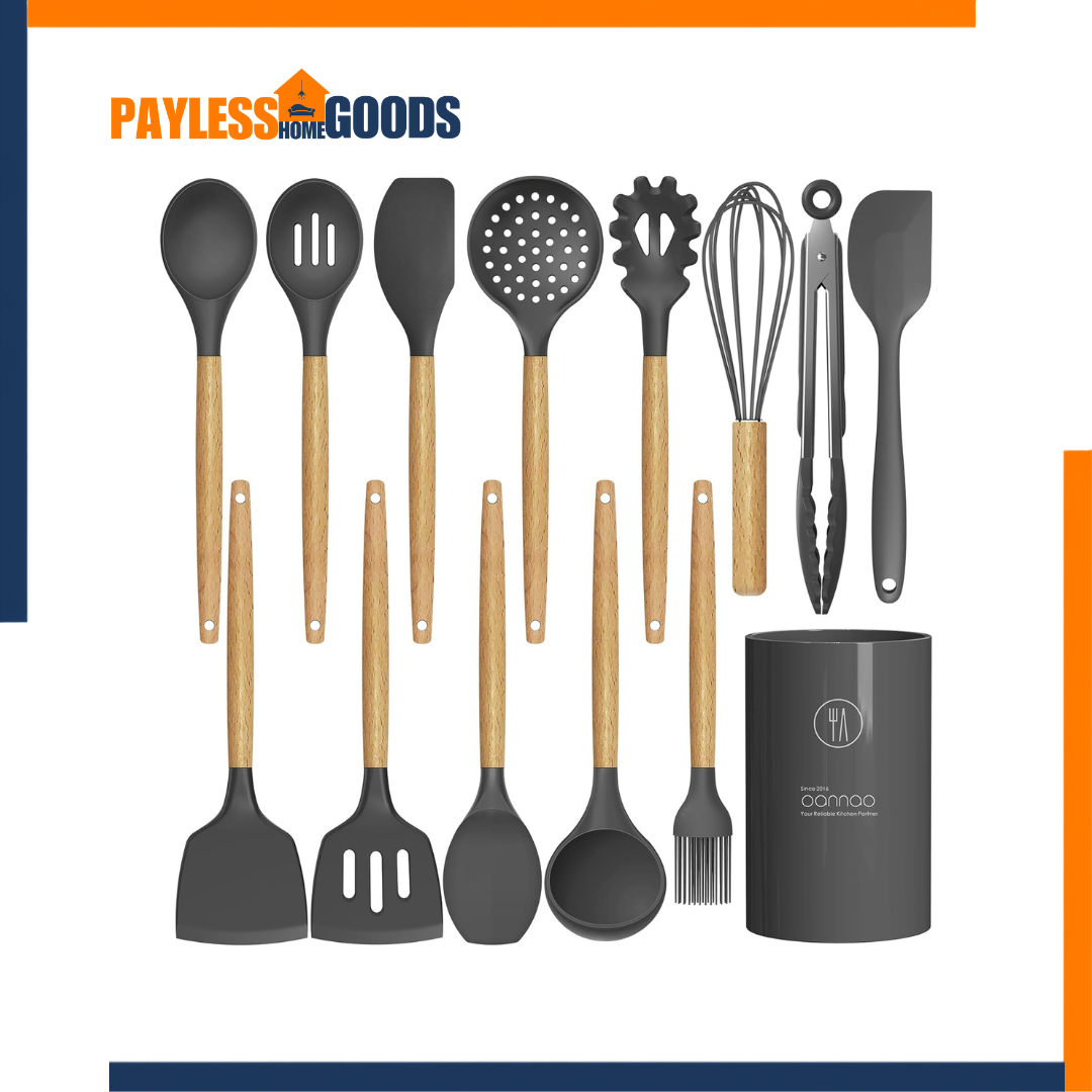 Heat Resistant Silicone Kitchen Utensils Set – oannao BPA Free Silicone Cooking Utensils Set for Nonstick Cookware with Spatulas, Tongs, Whisk & Wooden Handles, Gray