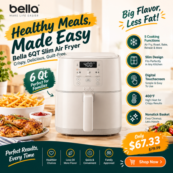 BELLA Fits-Anywhere™ 6qt Slim Air Fryer