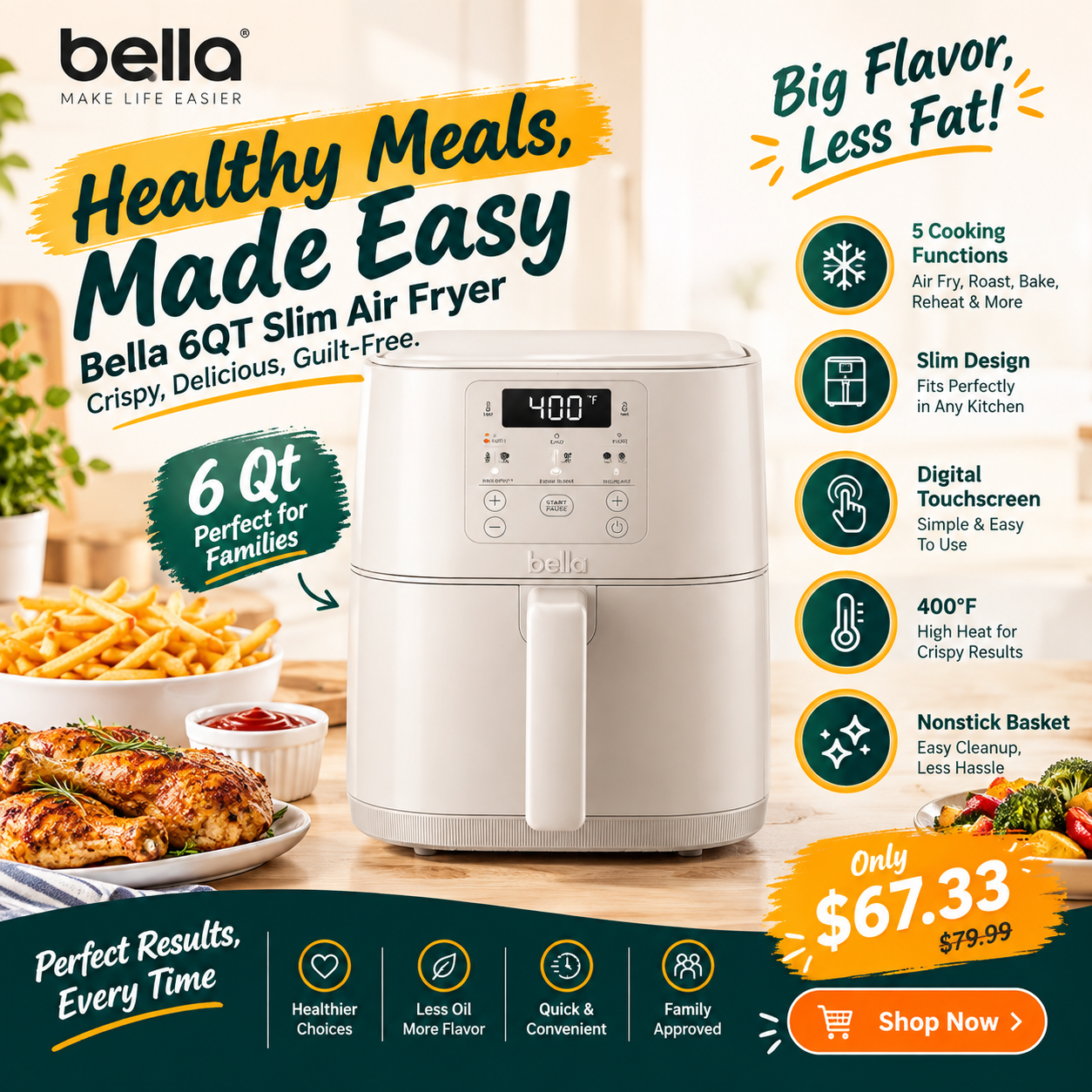 BELLA Fits-Anywhere™ 6qt Slim Air Fryer