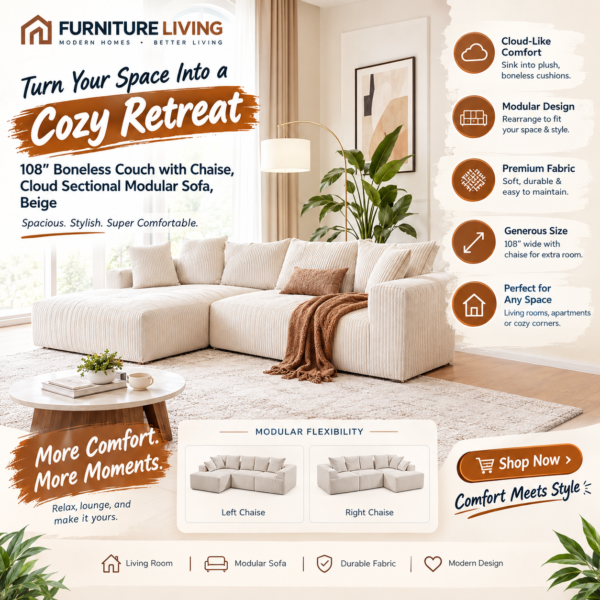 108" Boneless Couch with Chaise