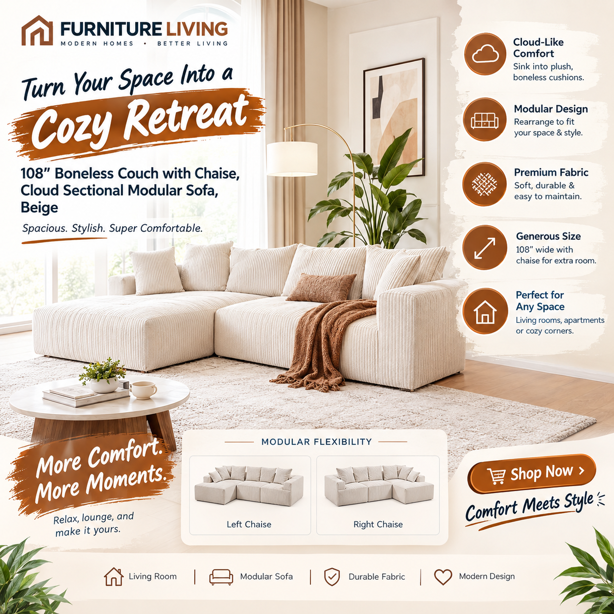 108" Boneless Couch with Chaise
