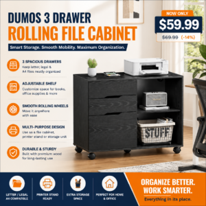 DUMOS 3 Drawer Rolling File Cabinet