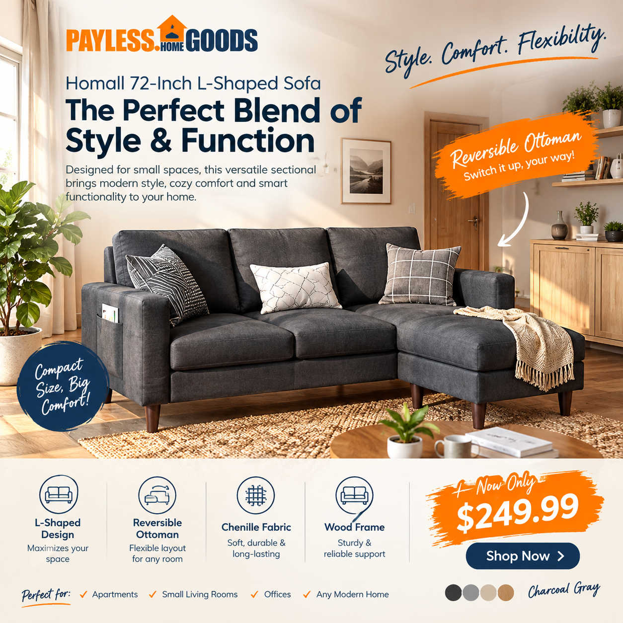 Homall 72-Inch L-Shaped Sofa for Small Spaces