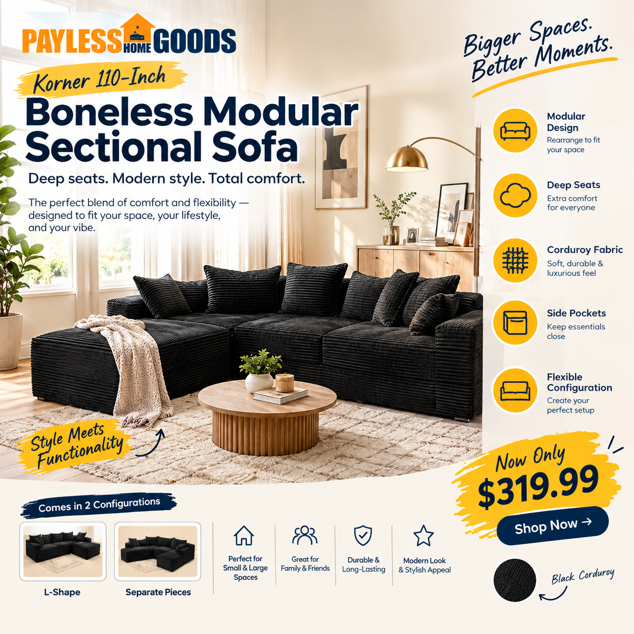 Korser 110-Inch Boneless Modular Sectional Sofa