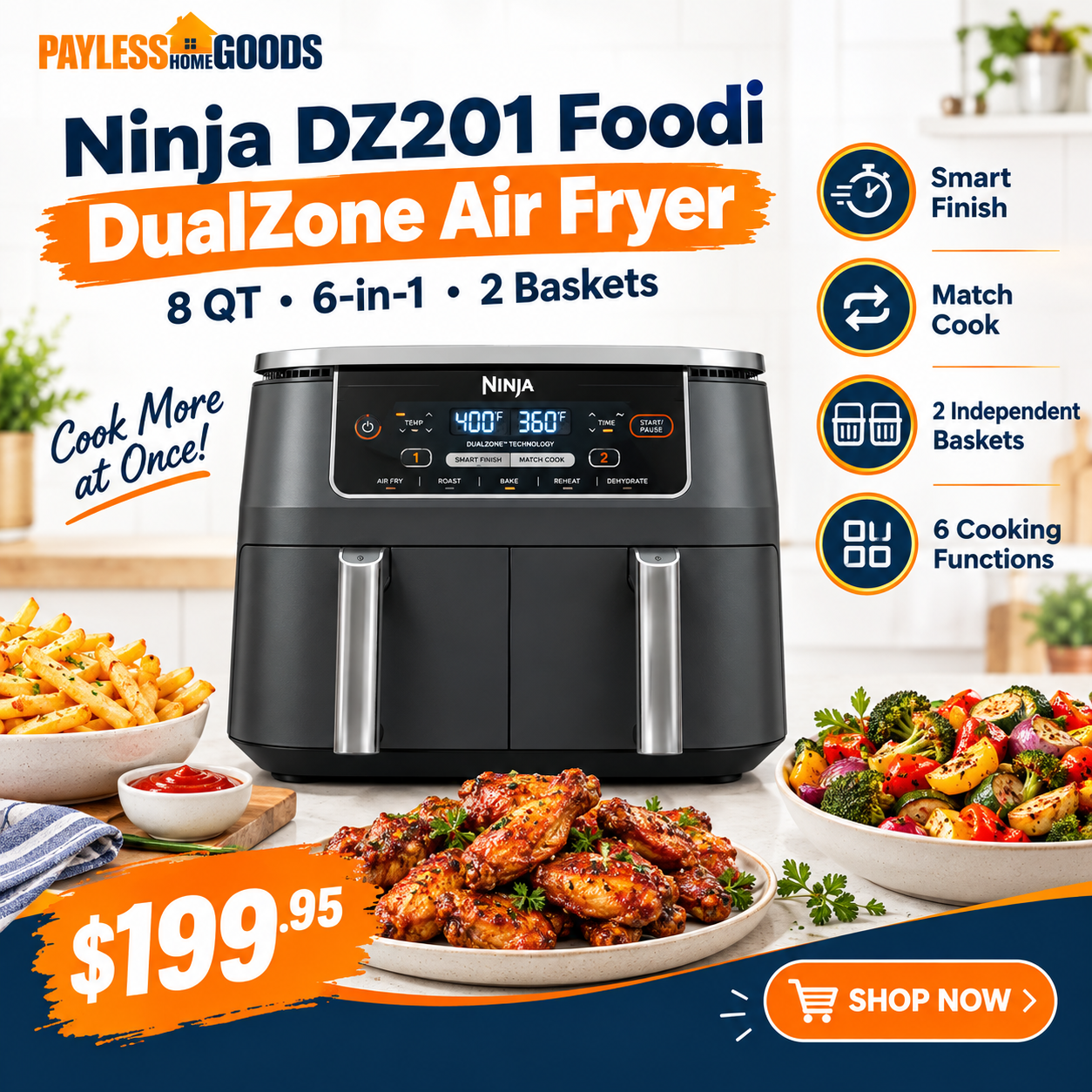 Ninja DZ201 Foodi 8 Quart 6-in-1 DualZone 2-Basket Air Fryer with Smart Finish & Match Cook, Grey
