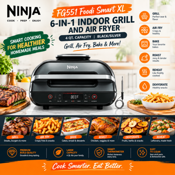 Ninja FG551 Foodi Smart XL 6-in-1 Indoor Grill and Air Fryer
