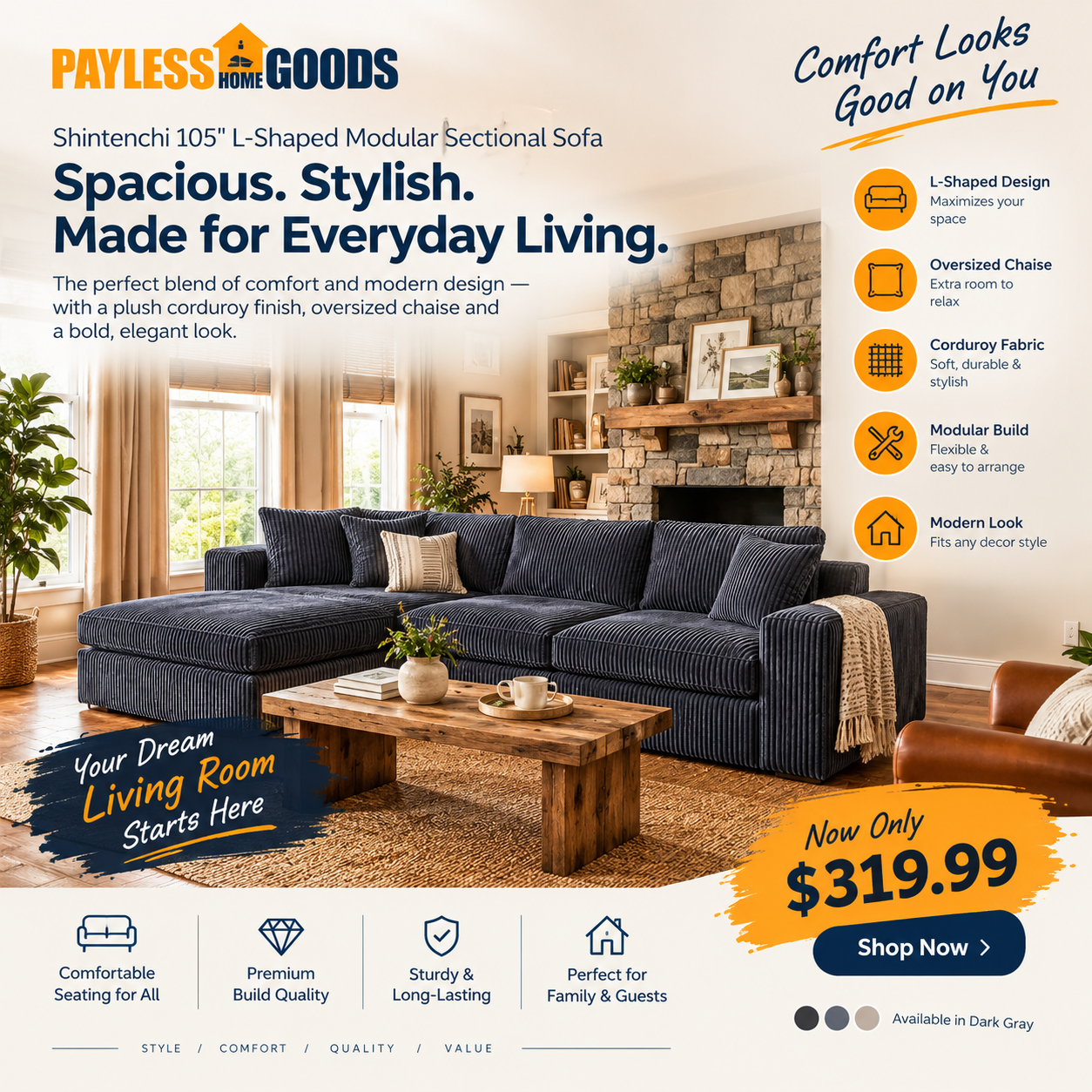 Shintenchi 105″ L-Shaped Modular Sectional Sofa