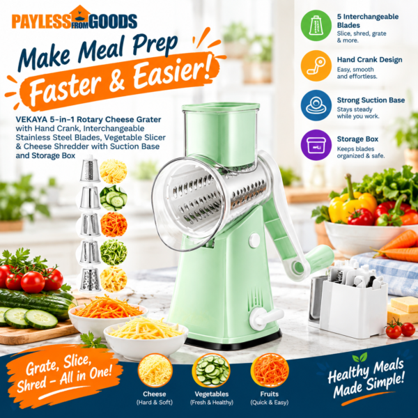 VEKAYA 5-in-1 Rotary Cheese Grater with Hand Crank